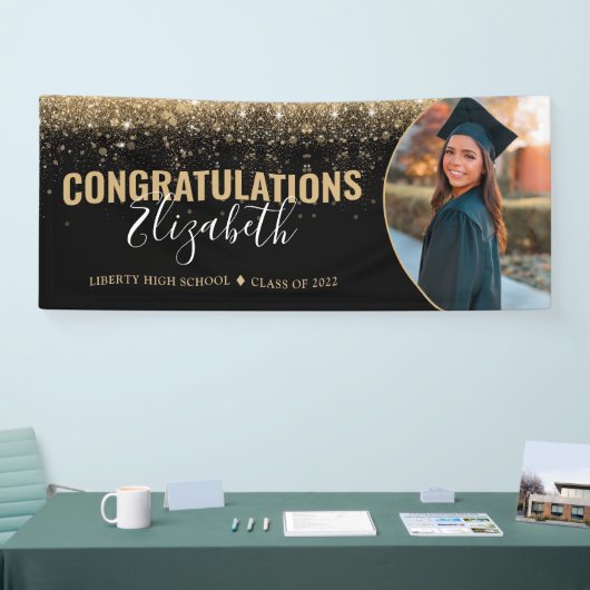 黒エレガント金ゴールドグリッター写真卒業 横断幕 (トレードショー)