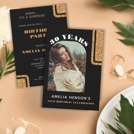 黒エレガント金ゴールドグリッター写真30歳 招待状