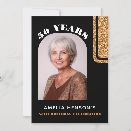 黒エレガント金ゴールドグリッター写真50誕生日 招待状 (正面)