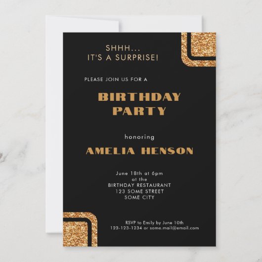 黒エレガント金ゴールドグリッター写真50誕生日 招待状 (裏面)