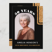 黒エレガント金ゴールドグリッター写真50誕生日 招待状 (正面/裏面)