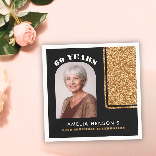 黒エレガント金ゴールドグリッター写真60誕生日 スタンダードカクテルナプキン