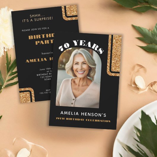 黒エレガント金ゴールドグリッター写真70誕生日 招待状