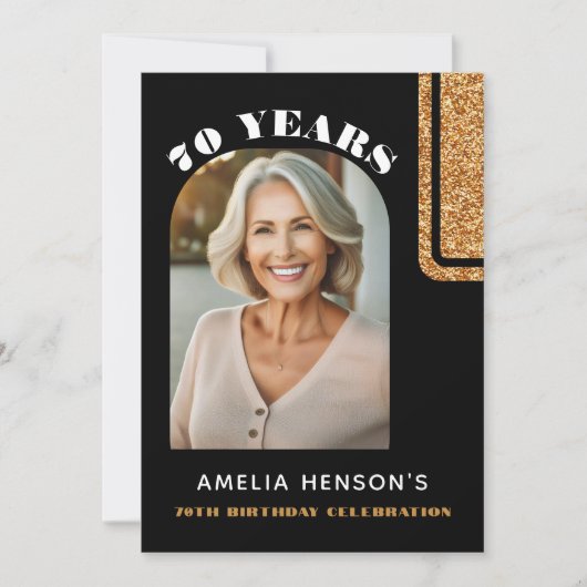 黒エレガント金ゴールドグリッター写真70誕生日 招待状 (正面)
