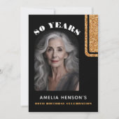 黒エレガント金ゴールドグリッター写真80誕生日 招待状 (正面)