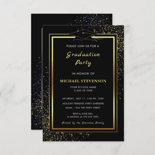 黒エレガント金ゴールドグリッター卒業招待状 招待状 (正面/裏面)
