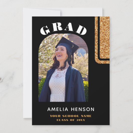 黒エレガント金ゴールドグリッター大学院写真卒業 招待状 (正面)