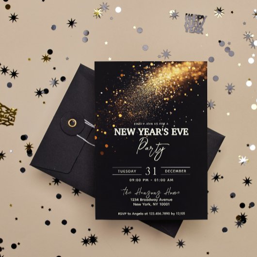 黒エレガント金ゴールドグリッター大晦日パーティー 招待状