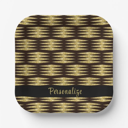 黒エレガント金ゴールドグリッター幾何学的パターン ペーパープレート (正面)