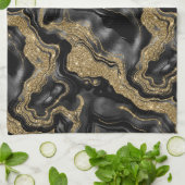 黒エレガント金ゴールドグリッター瑪瑙パターン キッチンタオル (折り畳み)