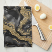 黒エレガント金ゴールドグリッター瑪瑙パターン キッチンタオル (四つ折り)