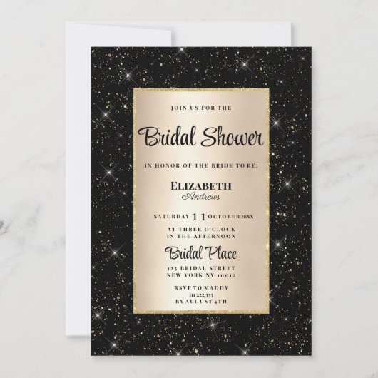 黒エレガント金ゴールドグリッター紙吹雪ブライダルシャワー 招待状 (正面)