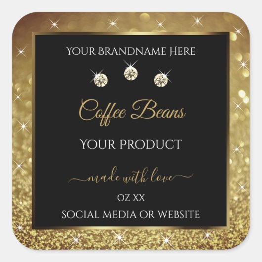 黒エレガント金ゴールドグリッター製品ラベル宝石 スクエアシール (正面)