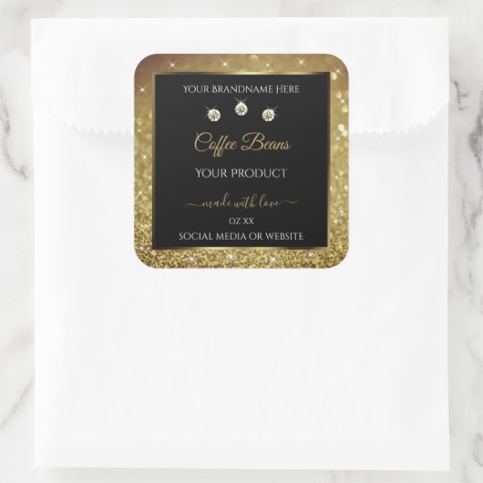 黒エレガント金ゴールドグリッター製品ラベル宝石 スクエアシール (バッグ)