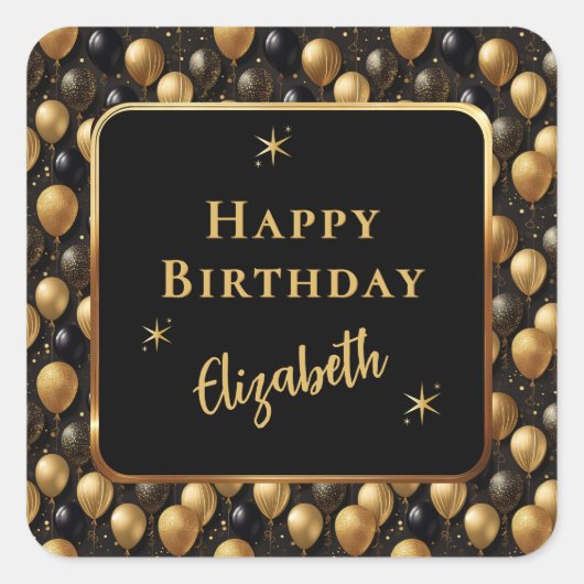 黒エレガント金ゴールドグリッター誕生日バルーン スクエアシール (正面)