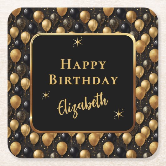 黒エレガント金ゴールドグリッター誕生日バルーン スクエアペーパーコースター (正面)