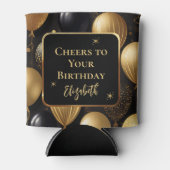 黒エレガント金ゴールドグリッター誕生日バルーン 缶クーラー (正面)