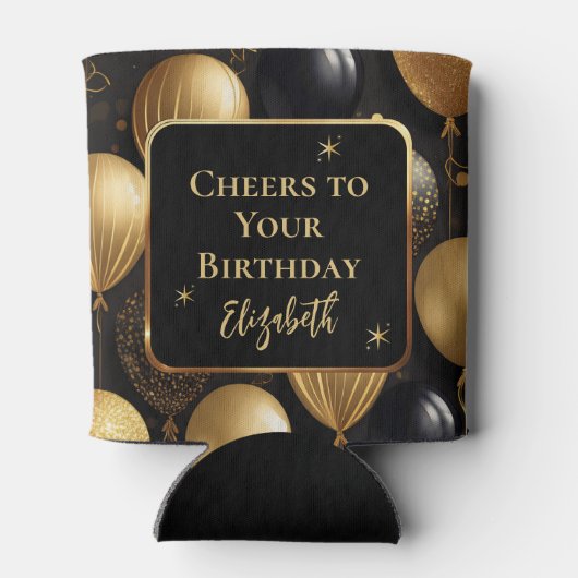 黒エレガント金ゴールドグリッター誕生日バルーン 缶クーラー (裏面)