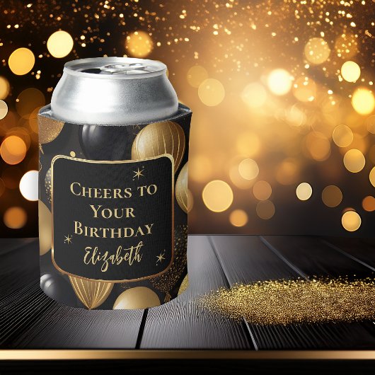 黒エレガント金ゴールドグリッター誕生日バルーン 缶クーラー