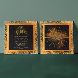 黒エレガント金ゴールドグリッター100th誕生日パーティー 招待状