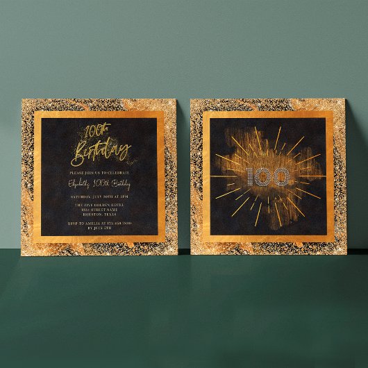 黒エレガント金ゴールドグリッター100th誕生日パーティー 招待状