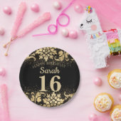 黒エレガント金ゴールドグリッター16誕生日 ペーパープレート (パーティー)