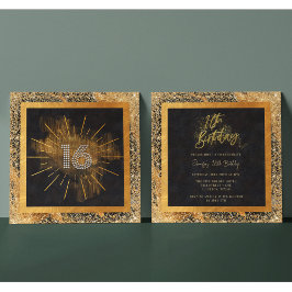 黒エレガント金ゴールドグリッター16th誕生日パーティー 招待状