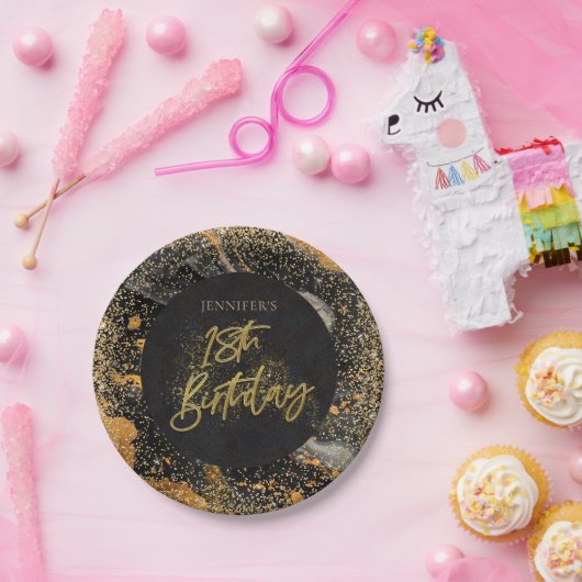 黒エレガント金ゴールドグリッター18th誕生日パーティー ペーパープレート (パーティー)