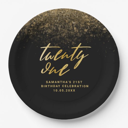 黒エレガント金ゴールドグリッター21歳の誕生日パーティー ペーパープレート (正面)