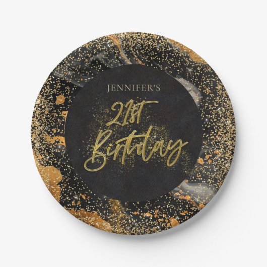 黒エレガント金ゴールドグリッター21歳パーティー ペーパープレート (正面)