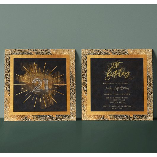 黒エレガント金ゴールドグリッター21歳パーティー 招待状