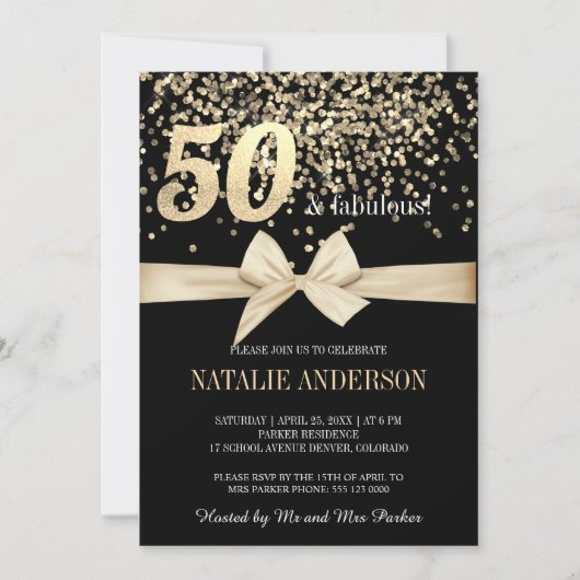 黒エレガント金ゴールドグリッター50th誕生日パーティー 招待状 (正面)