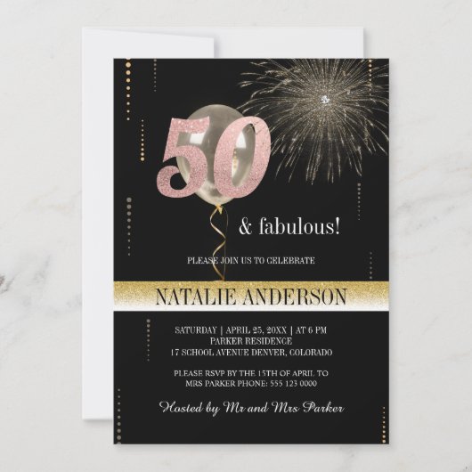 黒エレガント金ゴールドグリッター50th誕生日パーティー 招待状 (正面)