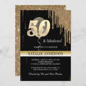 黒エレガント金ゴールドグリッター50th誕生日パーティー 招待状 (正面/裏面)