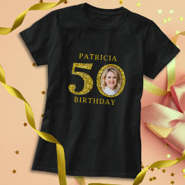 黒エレガント金ゴールドグリッター50th誕生日写真 tシャツ