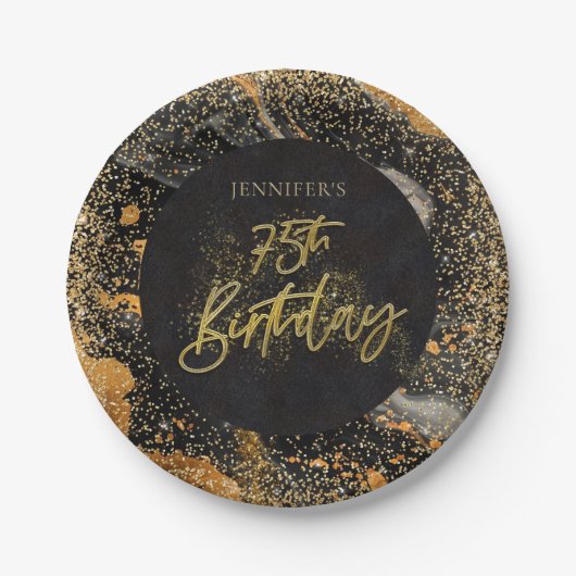 黒エレガント金ゴールドグリッター75th誕生日パーティー ペーパープレート (正面)