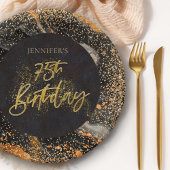 黒エレガント金ゴールドグリッター75th誕生日パーティー ペーパープレート