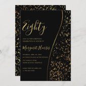 黒エレガント金ゴールドグリッター80th80誕生日 招待状 (正面/裏面)