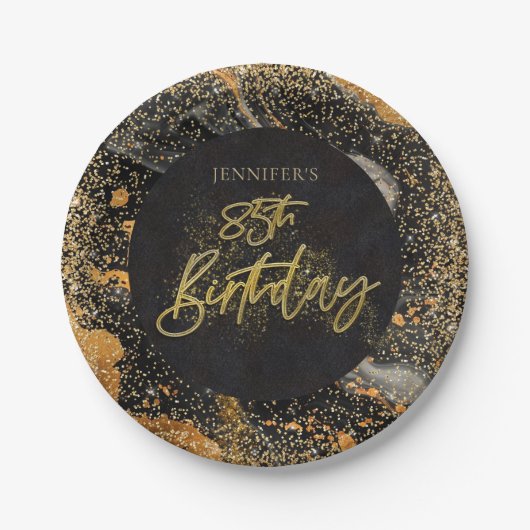 黒エレガント金ゴールドグリッター85th誕生日パーティー ペーパープレート (正面)