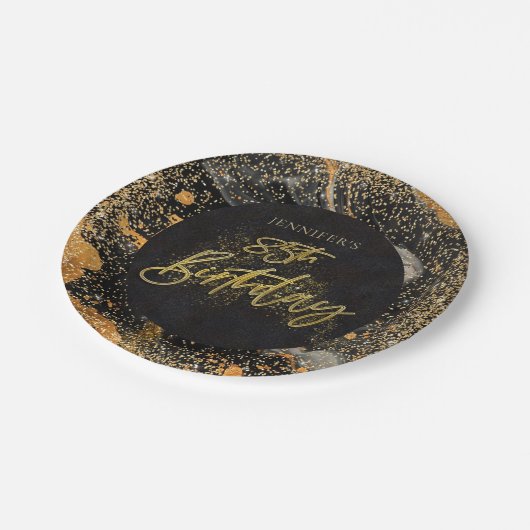 黒エレガント金ゴールドグリッター85th誕生日パーティー ペーパープレート (アングル)