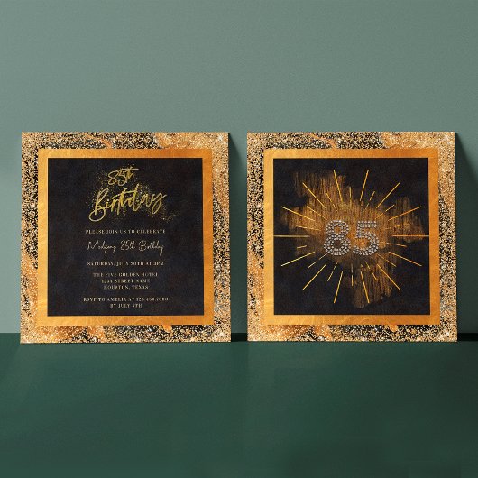 黒エレガント金ゴールドグリッター85th誕生日パーティー 招待状