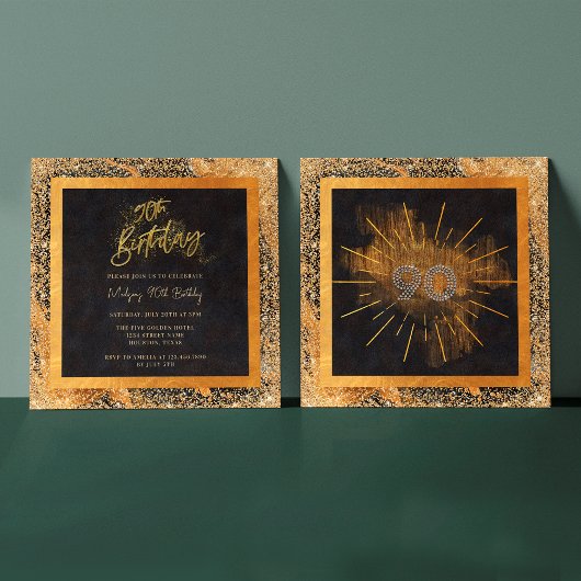 黒エレガント金ゴールドグリッター90th誕生日パーティー 招待状