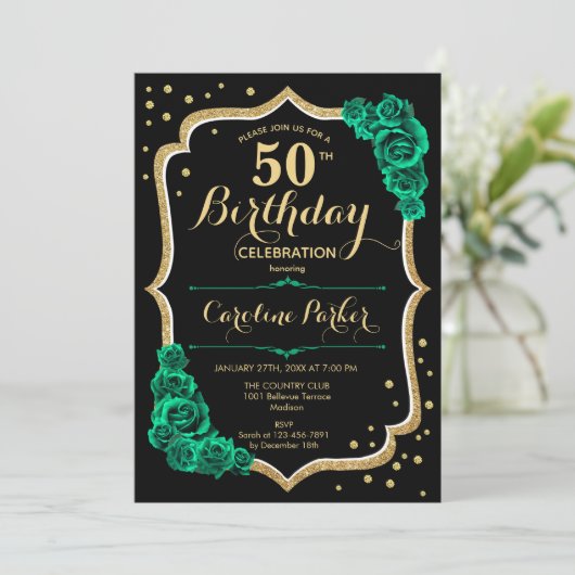 黒エレガント金ゴールドグリーンフォト50誕生日 招待状 (スタンド正面)