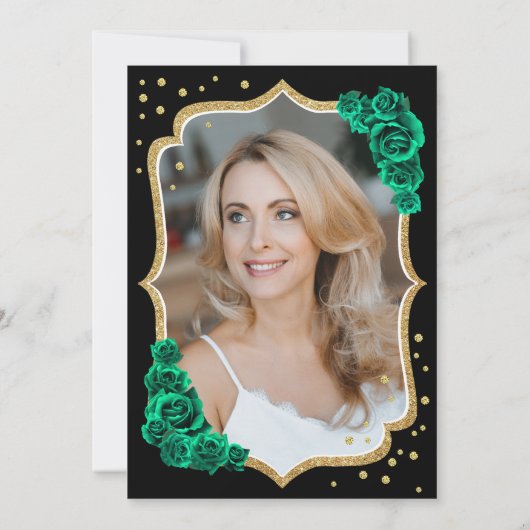 黒エレガント金ゴールドグリーンフォト50誕生日 招待状 (裏面)