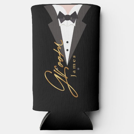 黒エレガント金ゴールドグルームバチュラーパーティセルツァーC スリム缶クーラー (正面)