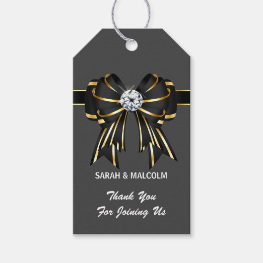 黒エレガント金ゴールドグレイフォーマルサテン弓ダイヤモンド ギフトタグ (正面)