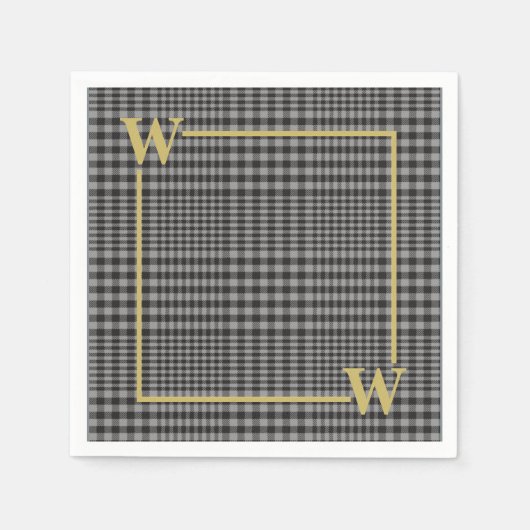 黒エレガント金ゴールドグレンプレイドモノグラム スタンダードカクテルナプキン (正面)