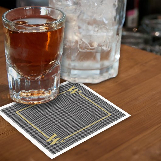 黒エレガント金ゴールドグレンプレイドモノグラム スタンダードカクテルナプキン