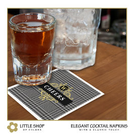 黒エレガント金ゴールドグレンプレイドモノグラム スタンダードカクテルナプキン