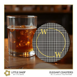 黒エレガント金ゴールドグレンプレイドモノグラム ラウンドペーパーコースター